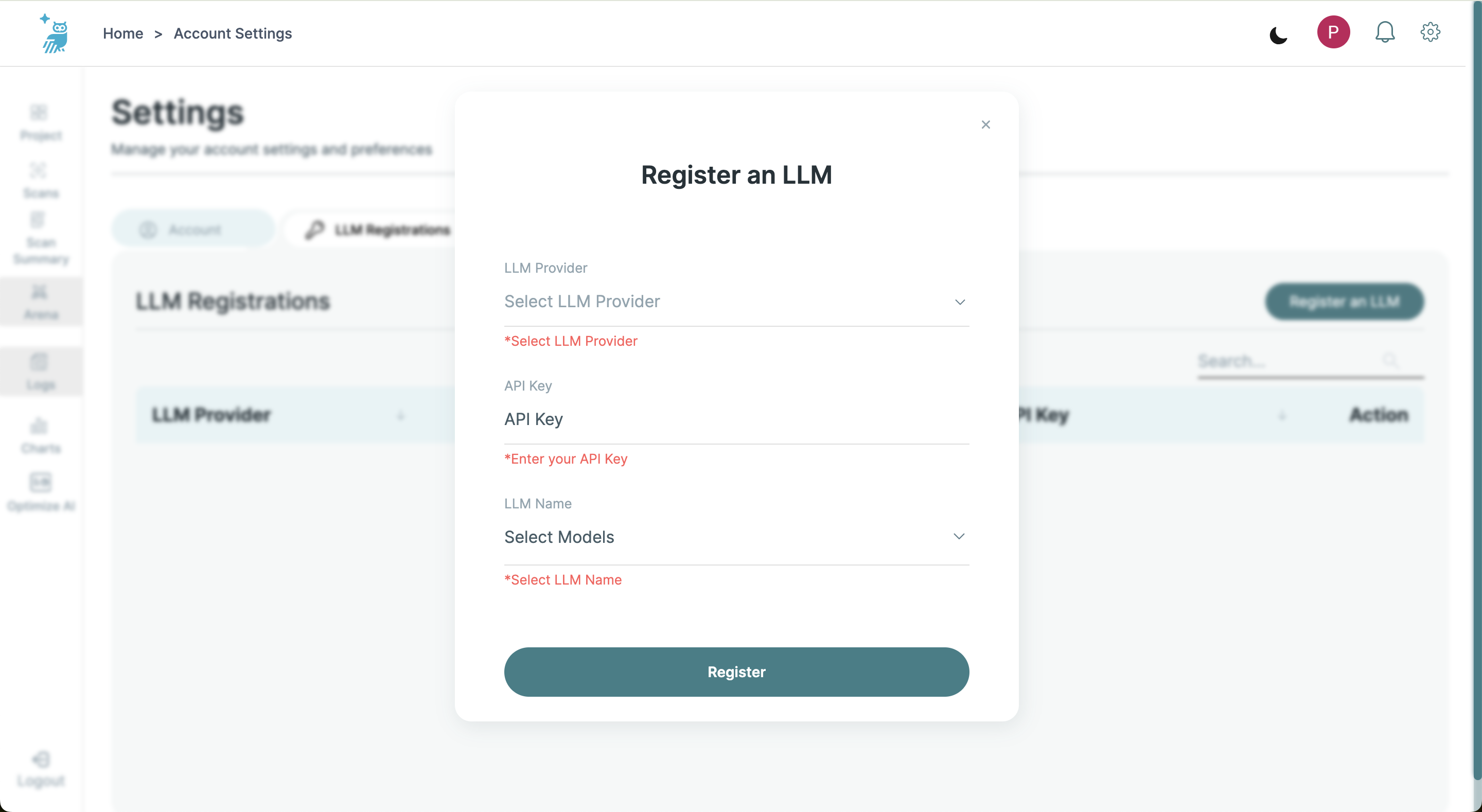LLM Registration Screen