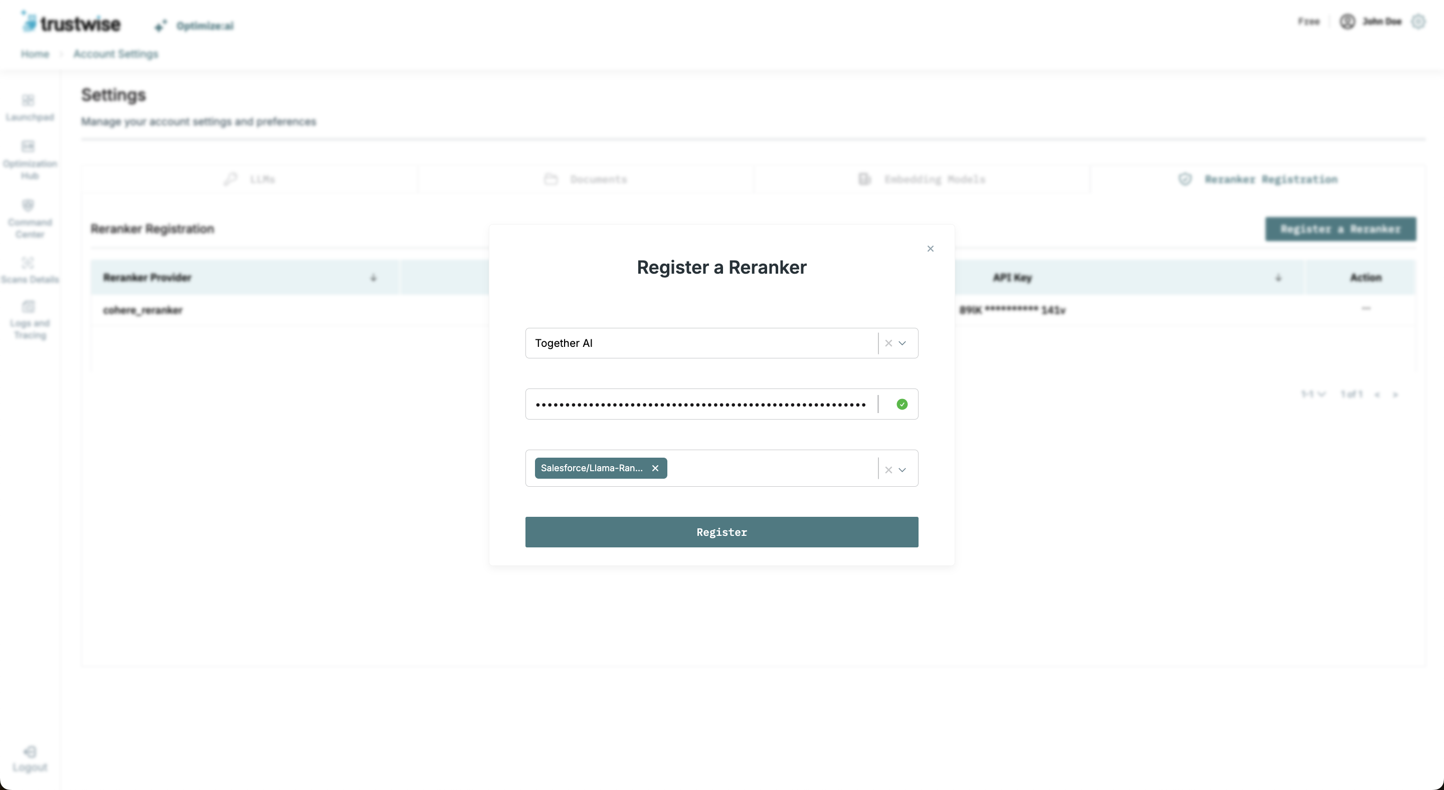 Register Together AI Rerank Model